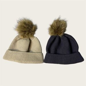 Gertex Twin Pom Pom Faux Fur Beanie Hat Lot 2 Toddler Little Kids Tan & Gray